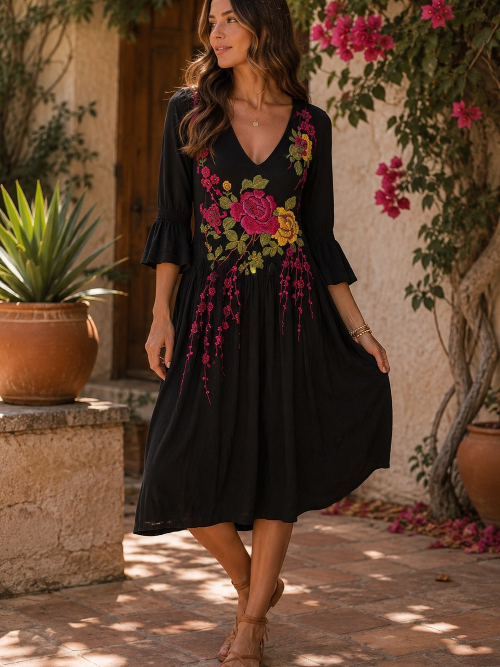 Johnny Was Black Floral Embroidered V-Neck Midi Dress